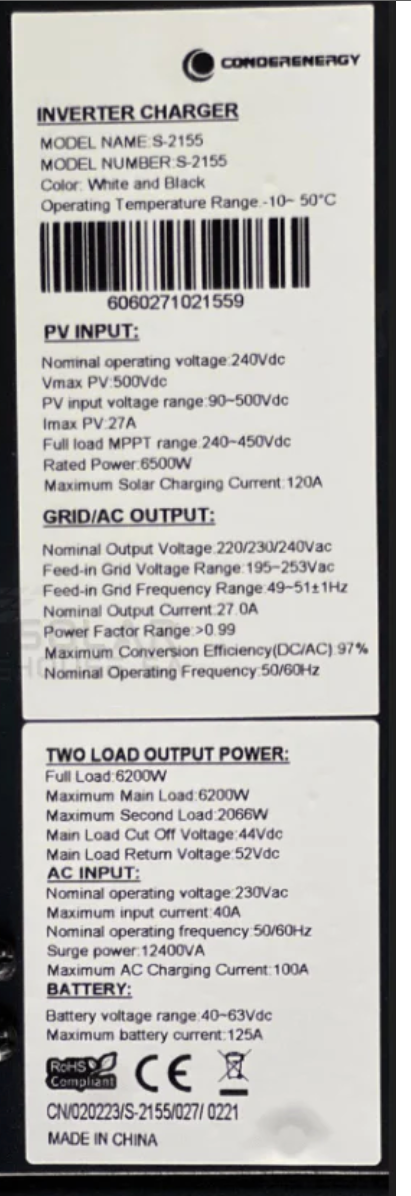 Conderenergy inverter 10KW inverter + SVOLT 5.09KW Battery +(2) batteries